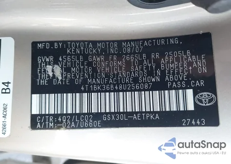 2008 Toyota Avalon Limited z USA, uszkodzony, nr VIN 4T1BK36B48U256087